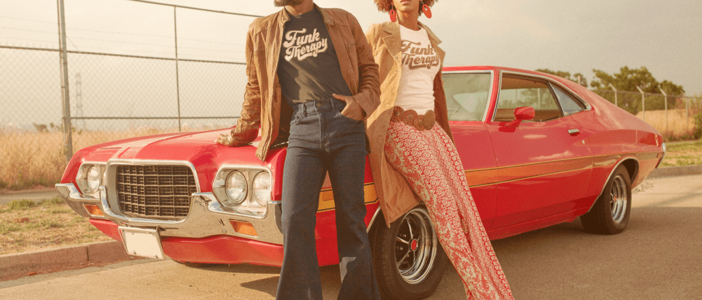 t-shirt -featuring-a-man-and-a-woman-posing-by-a-70s-car-