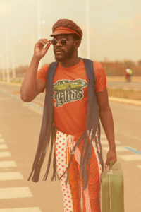 70s Fashion Model for Funk Therapy Merchandise Store - Orange T-Shirt - Glide Logo