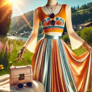  A vibrant summer outfit display featuring a stylish crop top paired with a flowing silk maxi skirt. The crop top is bright and trendy 