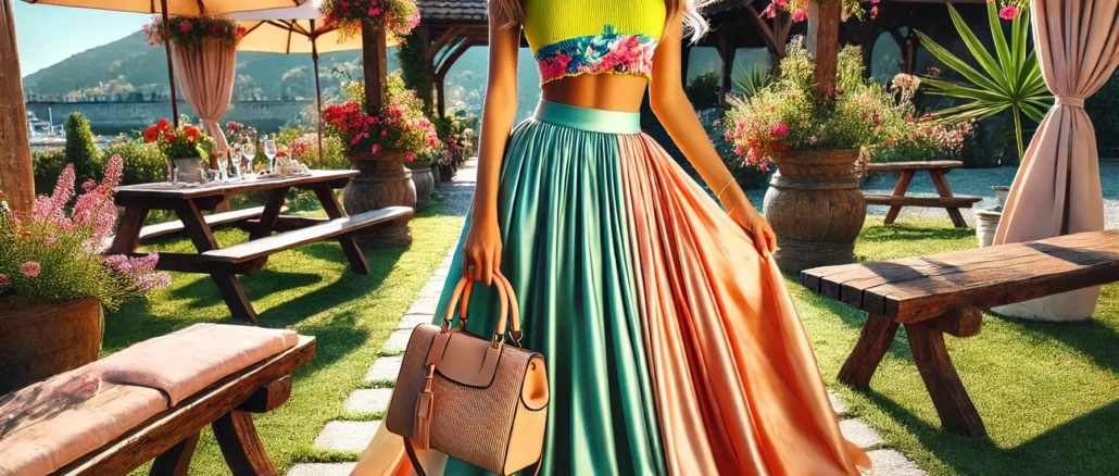 A vibrant summer outfit featuring a bright and trendy crop top paired with a flowing silk maxi skirt. The scene is set outdoors on a sunny day, surrounded by greenery and flowers, capturing the essence of summer fashion. The outfit is accessorized with stylish sunglasses and a chic handbag.