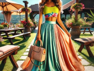 A vibrant summer outfit featuring a bright and trendy crop top paired with a flowing silk maxi skirt. The scene is set outdoors on a sunny day, surrounded by greenery and flowers, capturing the essence of summer fashion. The outfit is accessorized with stylish sunglasses and a chic handbag.