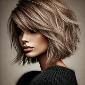 A stylish wolf haircut on a model, highlighting the layered and voluminous structure.