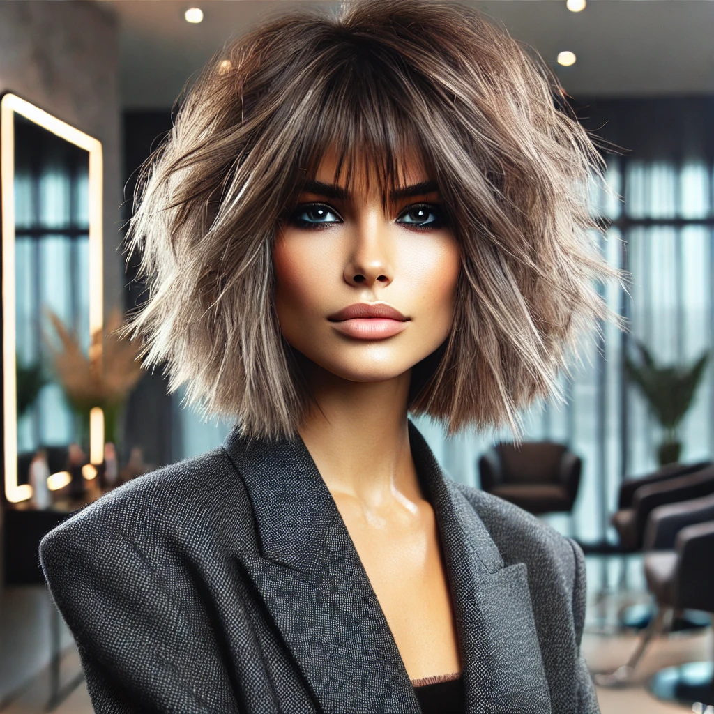  stylish wolf haircut on a model, highlighting the layered and voluminous structure.