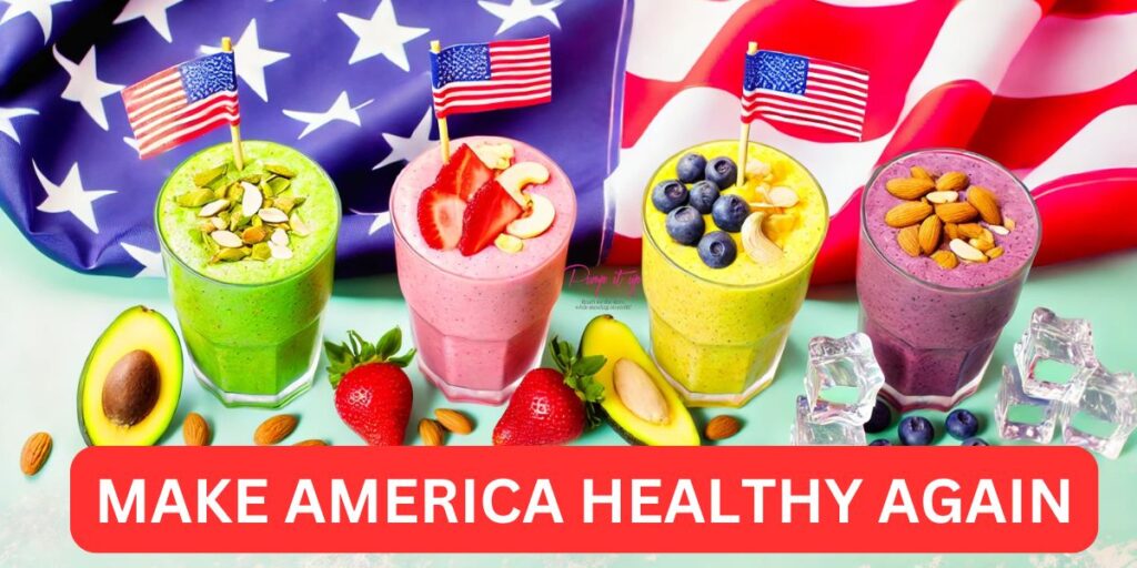 Four colorful smoothies (avocado almond, strawberry walnut, mango pistachio, blueberry cashew) with fresh toppings, set against a waving American flag, promoting health and wellness by Pump It Up Magazine.