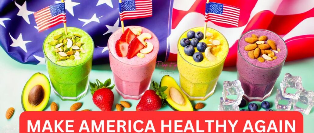 Four colorful smoothies (avocado almond, strawberry walnut, mango pistachio, blueberry cashew) with fresh toppings, set against a waving American flag, promoting health and wellness by Pump It Up Magazine.