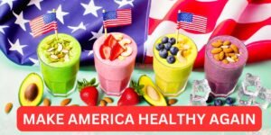 Four colorful smoothies (avocado almond, strawberry walnut, mango pistachio, blueberry cashew) with fresh toppings, set against a waving American flag, promoting health and wellness by Pump It Up Magazine.