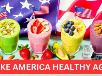 Four colorful smoothies (avocado almond, strawberry walnut, mango pistachio, blueberry cashew) with fresh toppings, set against a waving American flag, promoting health and wellness by Pump It Up Magazine.