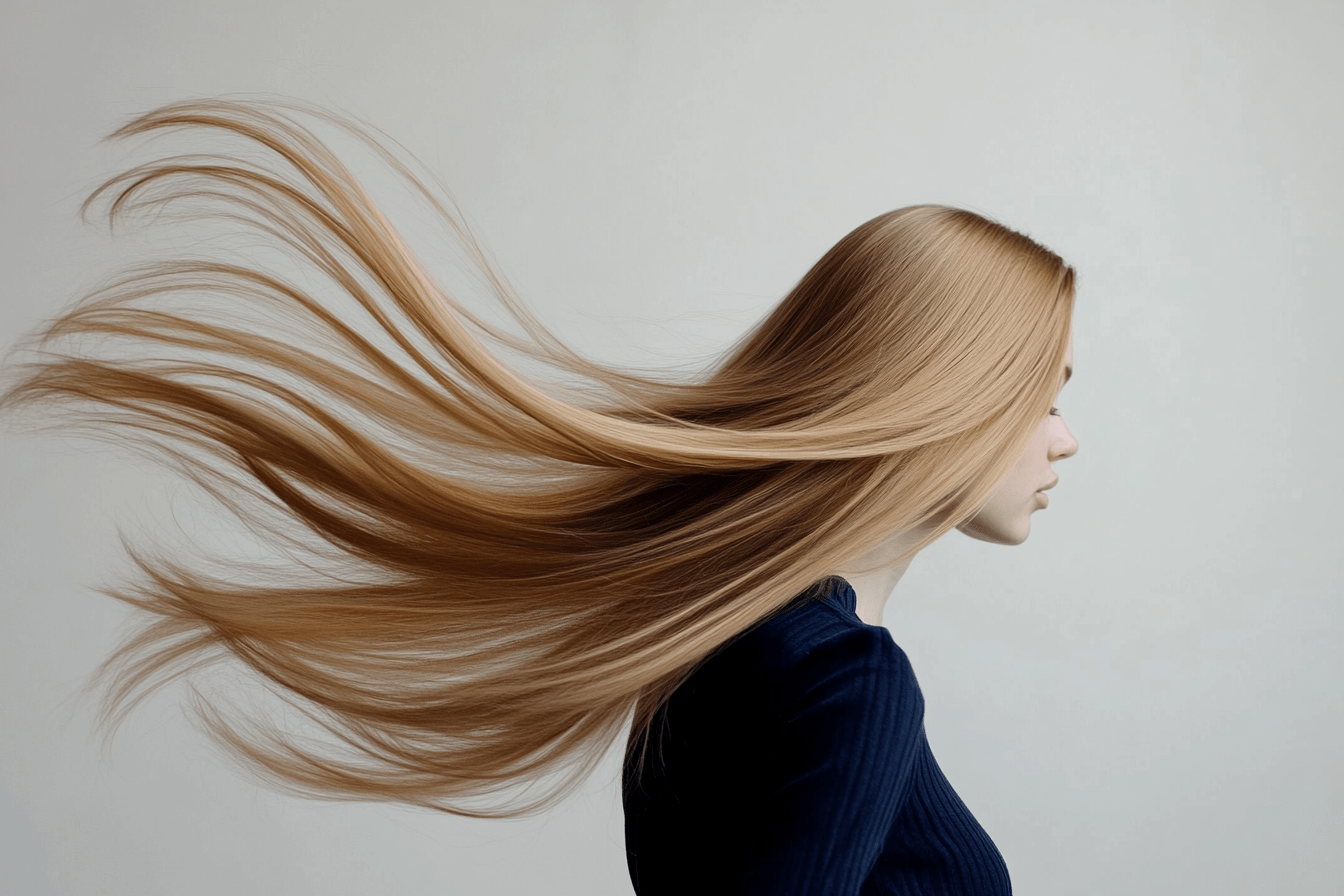 Side profile of a young woman with long, flowing blonde hair captured in motion, wearing a dark navy top against a light gray background