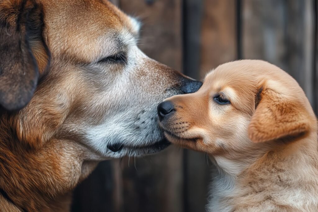 Close-up of a senior golden retriever gently touching noses with a golden retriever puppy, displaying affection