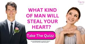 Promotional banner for Pump It Up Magazine's quiz 'What Kind of Man Will Steal Your Heart?' featuring a smiling man in a suit with a boutonniere and a woman gazing dreamily with hands clasped under her chin.